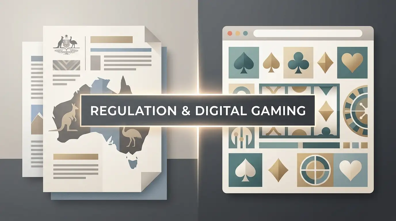 Editorial illustration of Australian online casino regulation and digital compliance