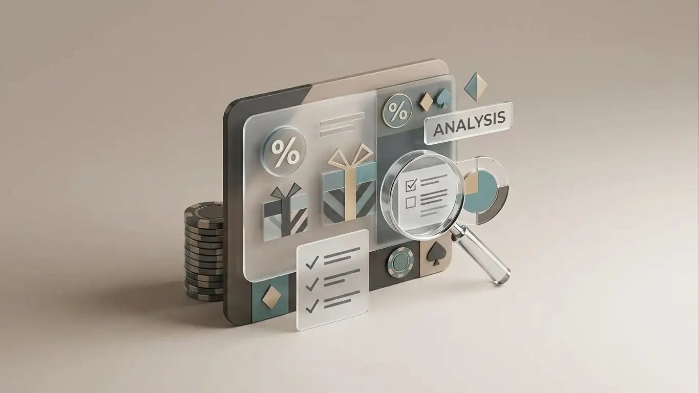 Editorial illustration of a casino promotion card beside a terms and eligibility checklist