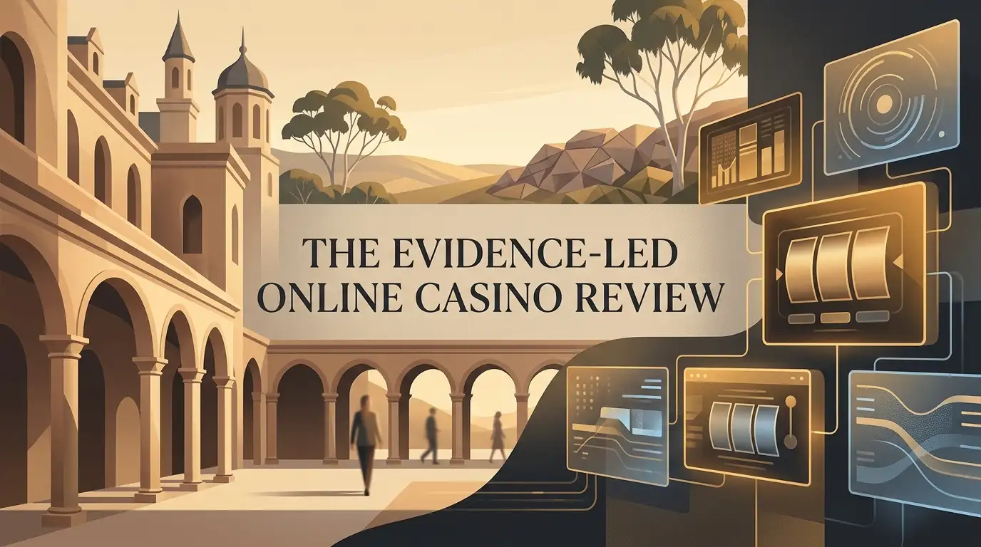 Editorial illustration of a palace-inspired digital casino concept beside an Australian context marker