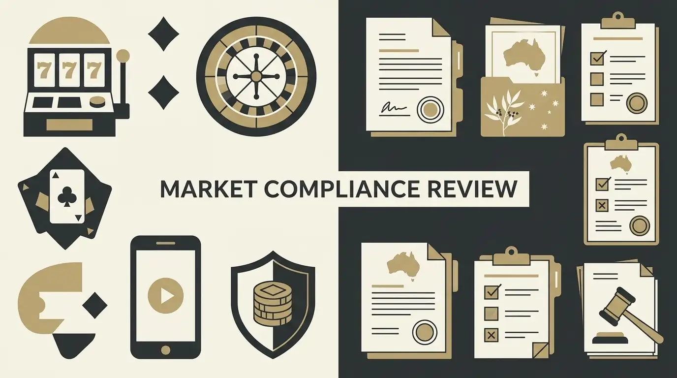 Editorial diagram contrasting Caesars Palace supported-market features with Australian online casino law